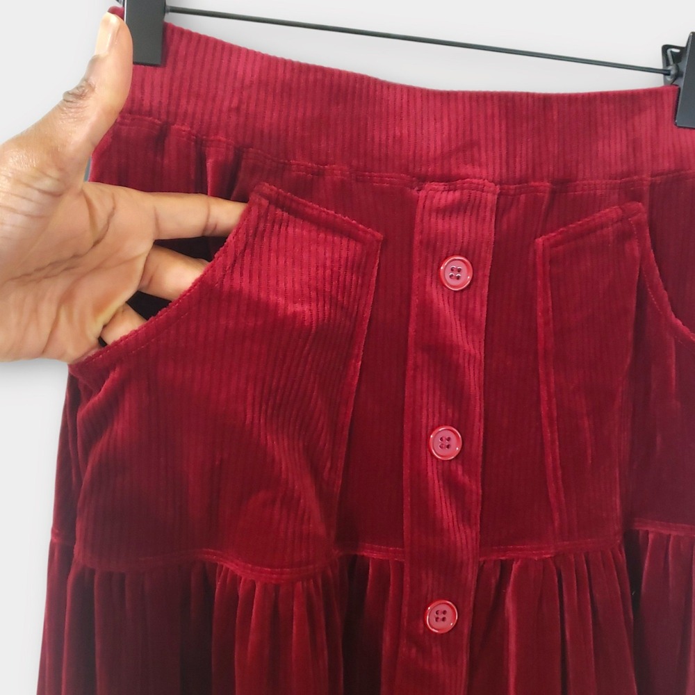 NWT Halara Corduroy Tiered Button Front Maxi Skirt Pockets High Waisted Red Sm - Picture 3 of 12